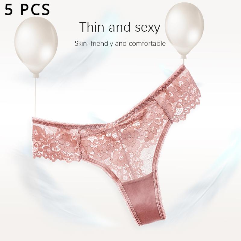 5 Pcs Floral Lace G-String Panties Women's Solid Color Low Waist Briefs Hollow Through Thong Underwear Lot