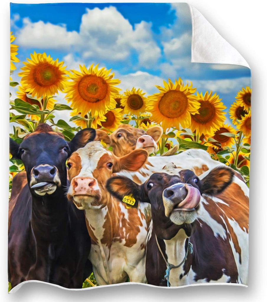 Cute Cow Blanket Super Soft Cow Print Flower Throw Blanket Lightweight Plush Flannel Blanket for Kids Adults Bed Sofa Living Room