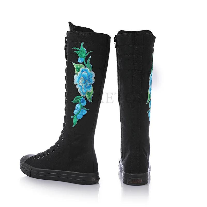 Женские парусиновые сапоги, длинные танцевальные сапоги, туфли на плоской подошве с принтом роз, на молнии, удобные вулканизированные кроссовки