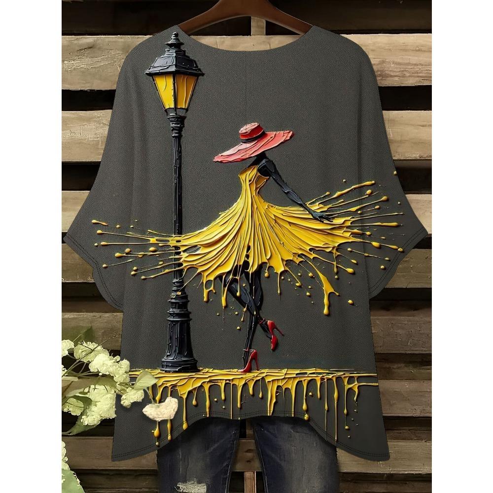 Women's Vintage Oil Painting T-Shirt - Full Body Asymmetrical Hoop Shirt for All Seasons