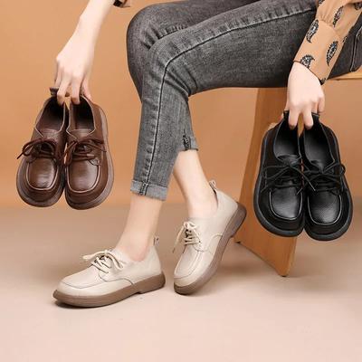 Весна Новая Женская Обувь Натуральная Кожа Ретро Лоферы Мягкая Подошва Британский Удобный На Шнуровке Противоскользящий Повседневный Обувь 2025