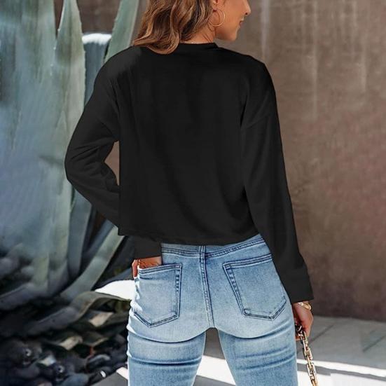 Женские топы с круглым вырезом и длинными рукавами, однотонные свободные укороченные топы для повседневной носки
