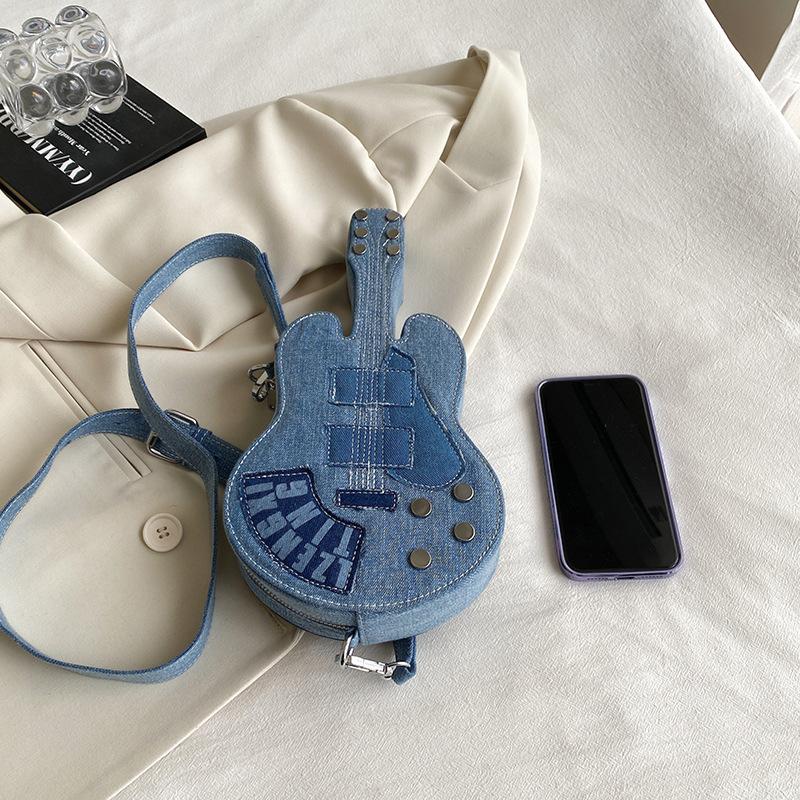 Export Arrival Denim Guitar Bag, Indie Rock Grunge Shoulder Bag, Niche Fashion Statement, Instagram-Ready Unisex Purse
