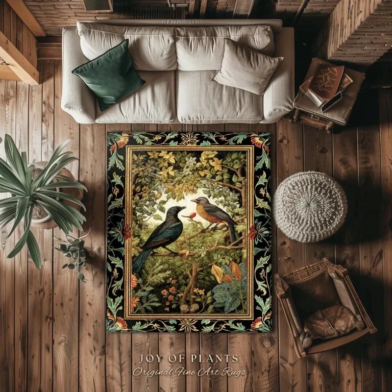 Ковер Woodland Birds Cottagecore Декор для спальни Вдохновленный Уильямом Моррисом Викторианская комната Ковер в стиле Dark Academia Мистический акцент для дома