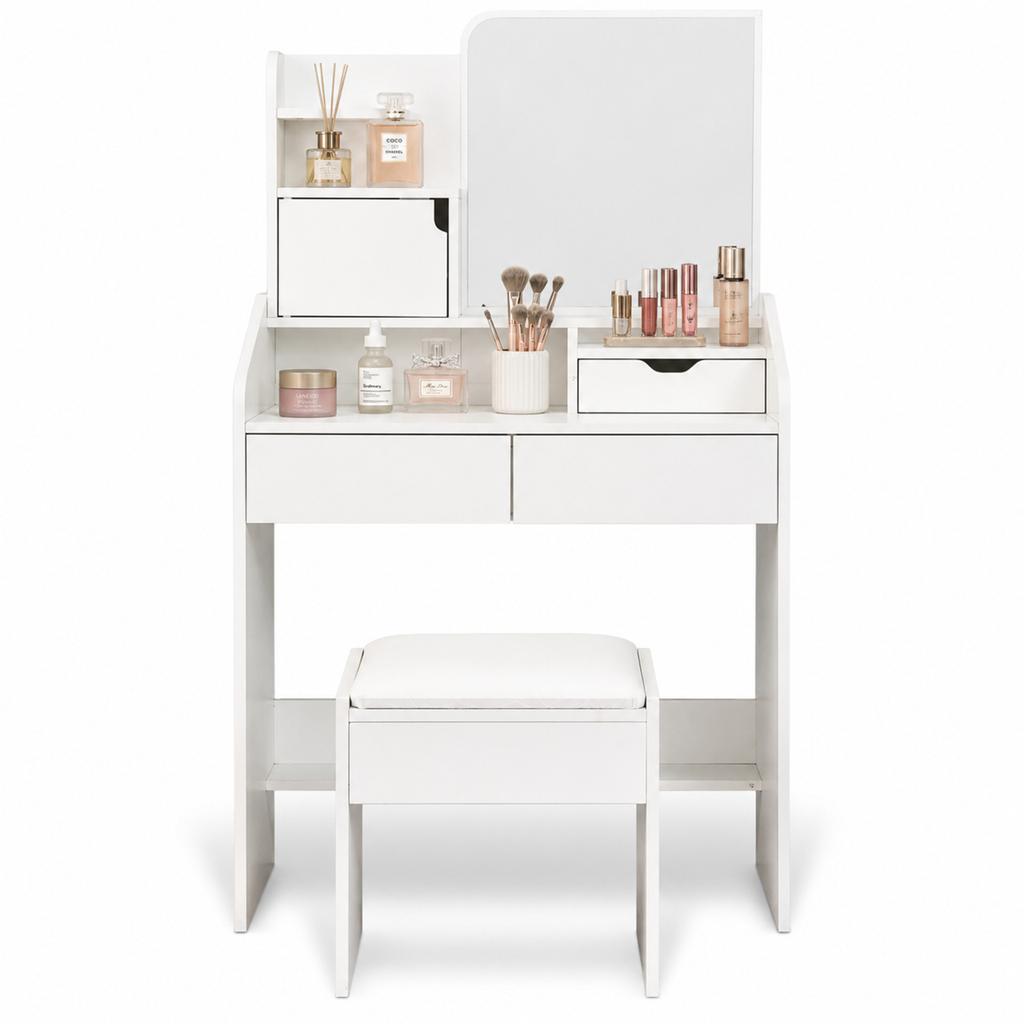 Tocador Maquillaje con Espejo y Taburete 80x135cm Nyana Home | MDF Blanco