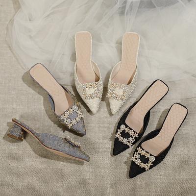 Тапочки женские модные для улицы с сумкой на носок женская обувь новая пряжка со стразами средний каблук острый носок крутые тапочки толстый каблук