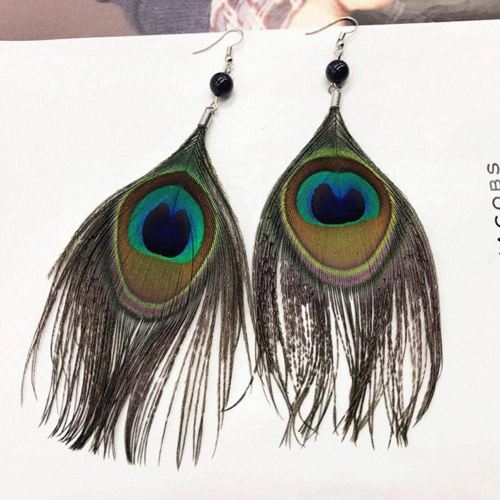 Retro National Style Bohemian Jewelry Bead Peacock Feather Earrings Women Dangle Earrings