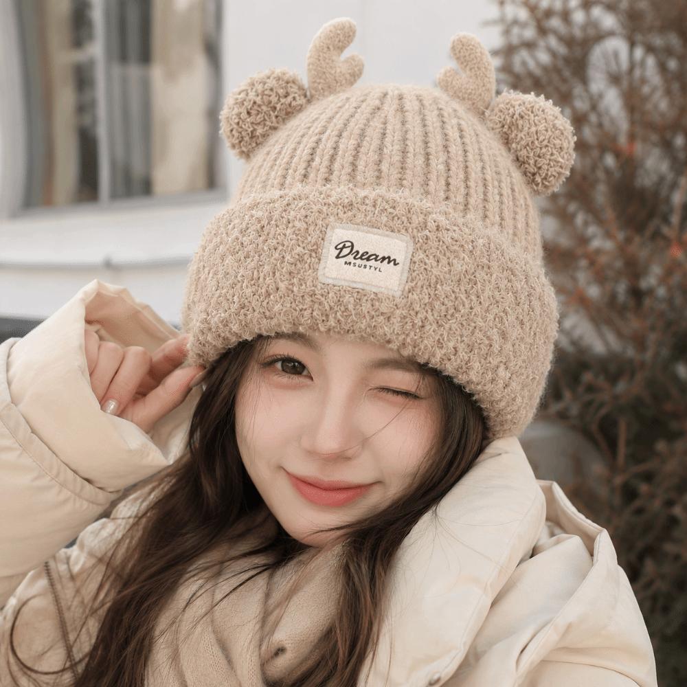 Windproof Plush Warm Hat Cute Deer Ear Pullover Cap Trend Plush Fur Hat Winter