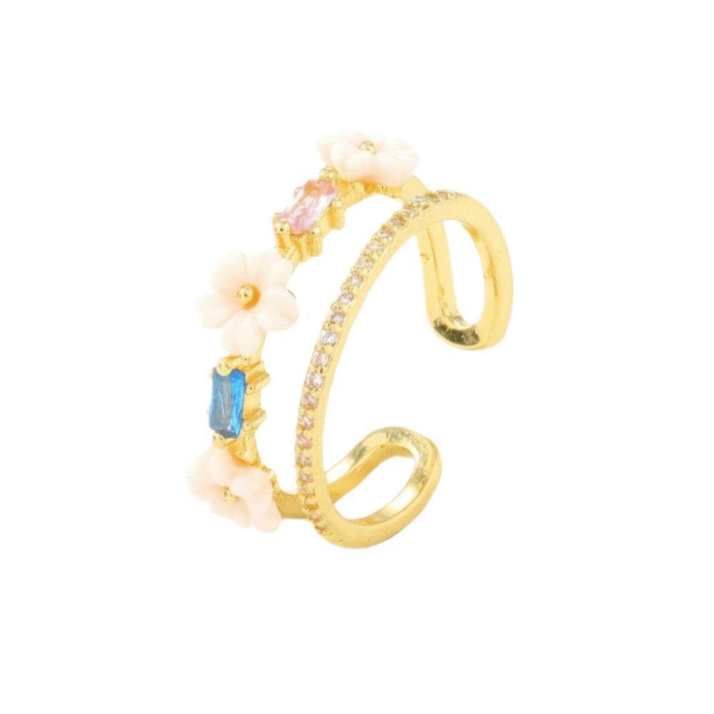 Unique Gold Color Flower Ring Exquisite Design Sparkling Inlaid Open-end Ring Sweet Crystal Zirconia Ring Vacation Accessories
