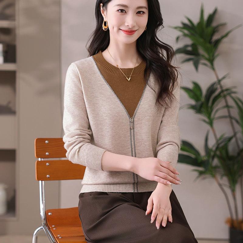 Colorblock Round Neck Knitted Long-sleeved Women's Sweater Spring Autumn New Fashion Versatile Bottoming Shirt Trendy