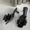Fashion Patent Leather Butterfly Knot Women Slippers Square Toe Summer Sandals Low Thin Heels Mules Slides Shoes Size 39