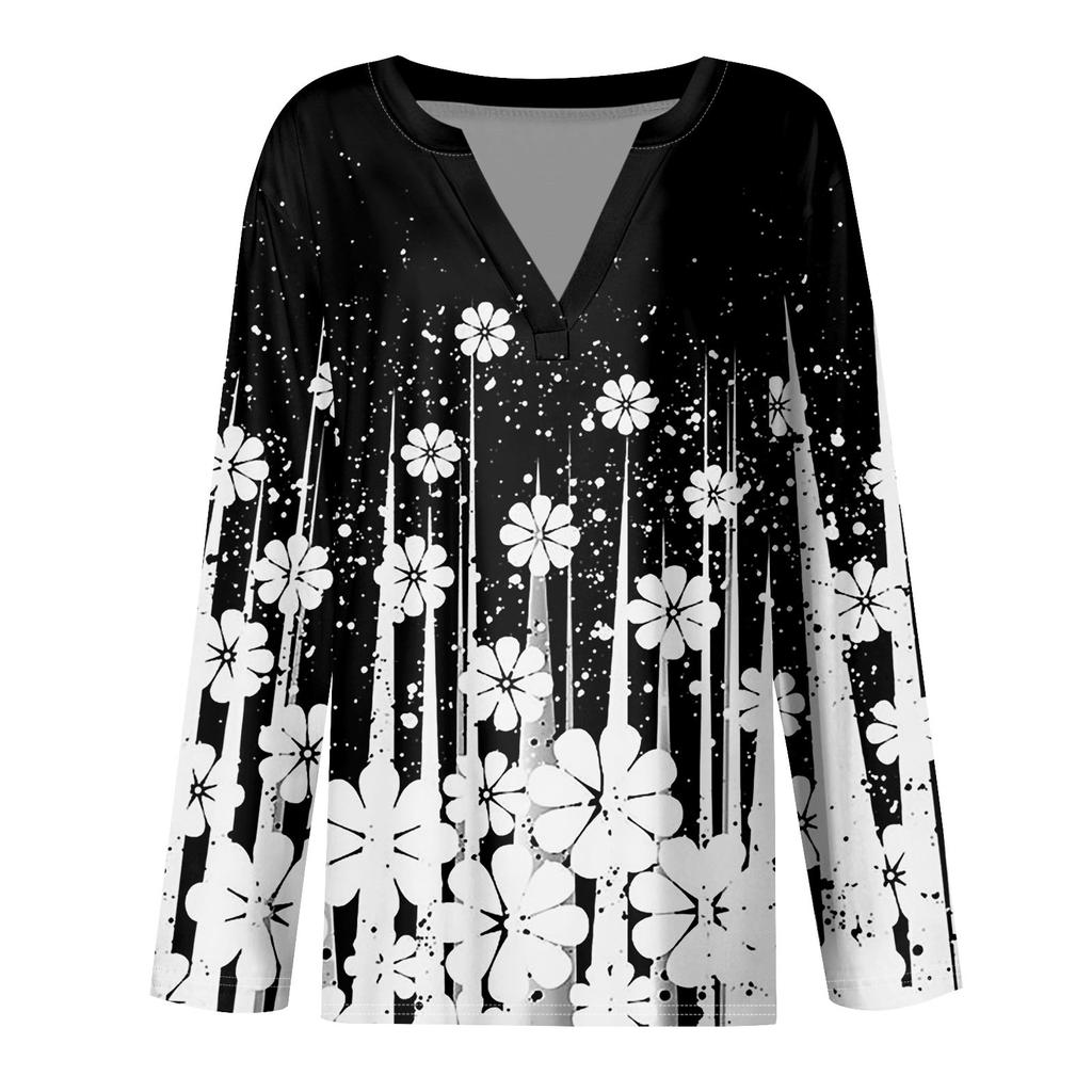 Жен. Футболка Футболка С принтом Пуговицы Длинный рукав Повседневные Выходные Мода Классический V-образный вырез Обычный Топ