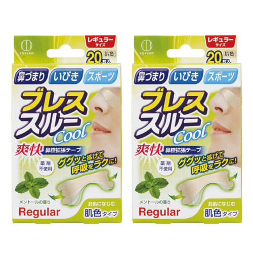 Kokubo Industries Breath Through Cool (20 Sheets X 2 Packs / Regular) Nasal Dilator Tape, Anti-Snoring Tape, Drug-Free (Menthol Scent / Skin Tone)