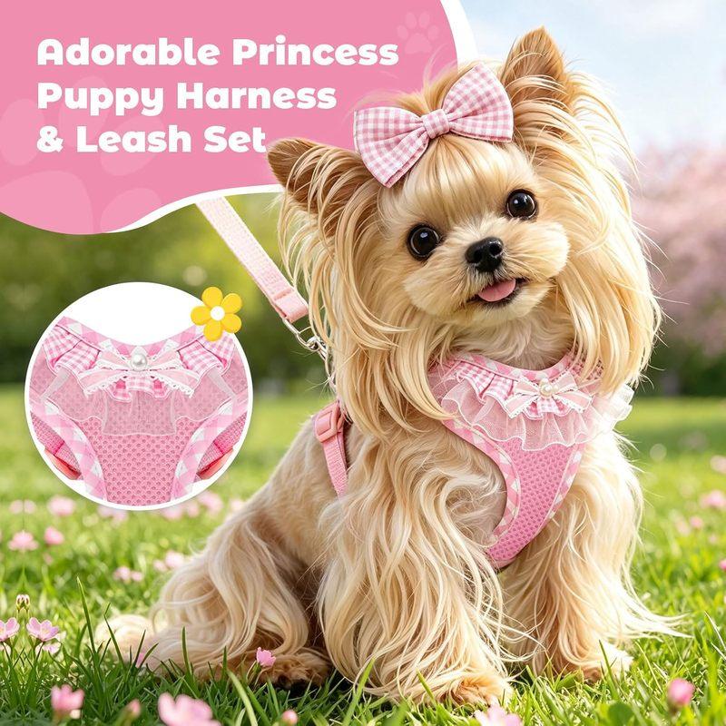 Ruffle Plaid Dog Harness with Leash Set, Breathable No Pull Vest for Small Dogs, Adjustable Escape Proof Pet Harness