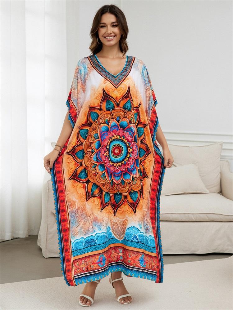 EDOLYNSA Causal Boho Printed V Neck Plus Size Loose Kaftan House Dress 2024 Women Summer Beach Wear Swim Suit Cover Up Loose Robe Q1594
