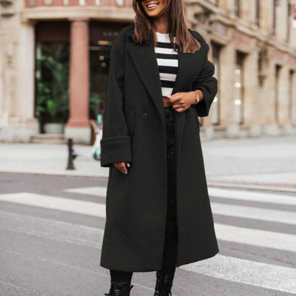 Женское осенне-зимнее пальто с лацканами, свободный длинный стиль, сплошной цвет, толстый кардиган, теплые ветрозащитные карманы, двойные пуговицы, женское пальто с длинным рукавом, верхняя одежда