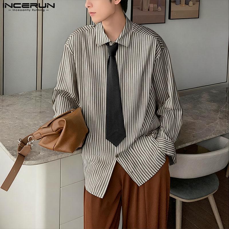 INCERUN S-5XL Men Turn-down Collar Tie Long Sleeve Striped Casual College Style Shirts