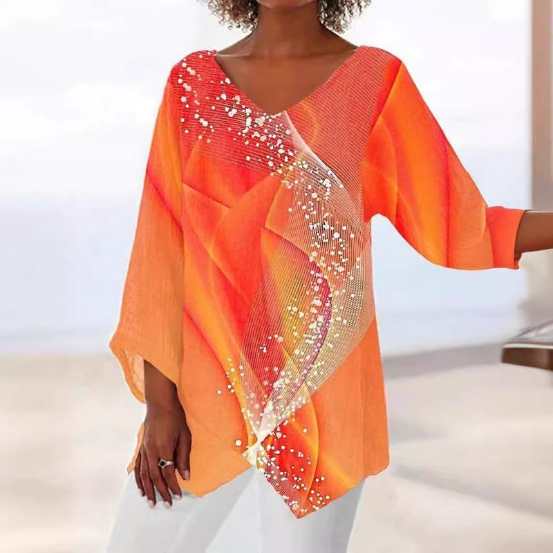 Весна Лето V-образный вырез Принт Мода Женская Блузка Новая Повседневная Свободная Необычная Топ Футболка Большого Размера Простая Элегантная Офисная Рубашка Женская Одежда