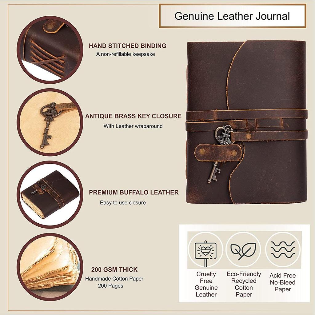 Винтажный кожаный дневник ручной работы - Винтажные страницы ручной работы - Старинная застежка на ключ - Шоколадно-коричневый цвет. Размер 6x4 дюйма