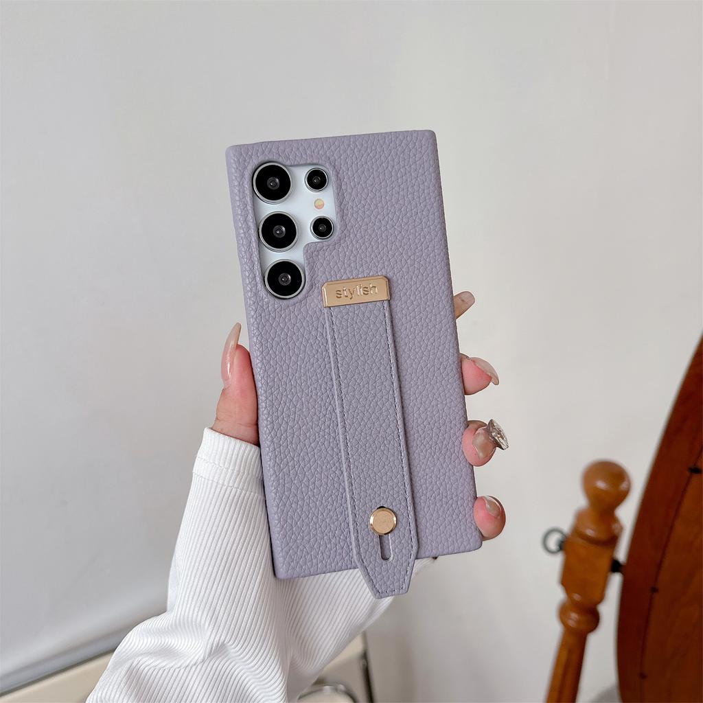 Stylish Wrist Strap Bracket Phone Case for Samsung Galaxy S25 Ultra S24 S23 S22 Plus FE Solid Color High-end PU Leather Cover