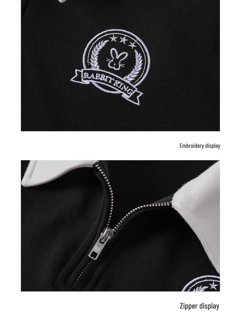 Женский пуловер с вышивкой в стиле ретро, с поло-воротником и застежкой-молнией до половины - Длинный рукав, Весна/Осень 2025