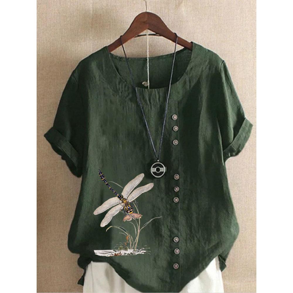Women's Summer Fashion Casual Linen Shirt Round Neck Printing T-shirt Short Sleeve Tops Loose Blouse XS-5XL