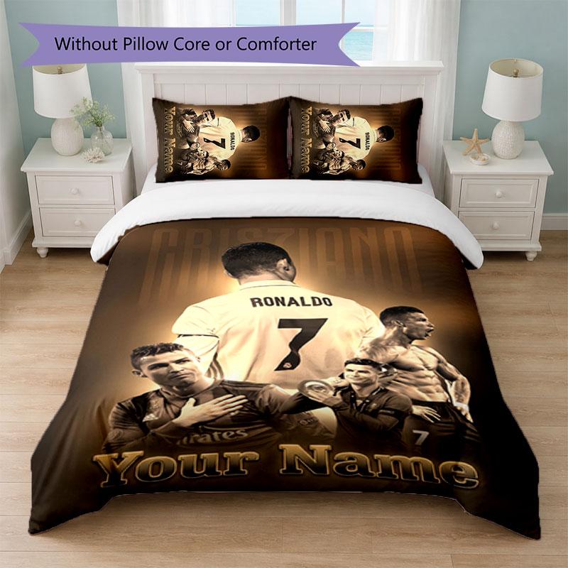 Cristiano Ronaldo Custom Name Text Bedding Set 1 Duvet Cover+2 Pillowcases Soccer Logo Personalized Gift For Special Occasion Bedroom Decor