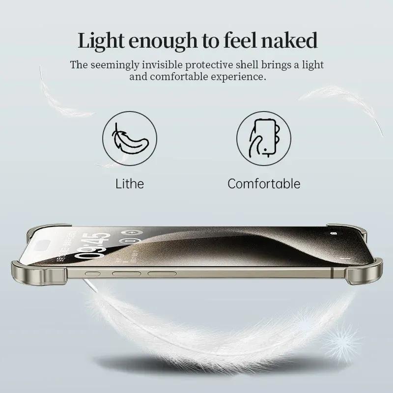 Безрамочный чехол из алюминиевого сплава для iPhone 13 14 15 16 Pro Max Защитная пленка для объектива Покрытие с открытым металлом Ударопрочные угловые накладки