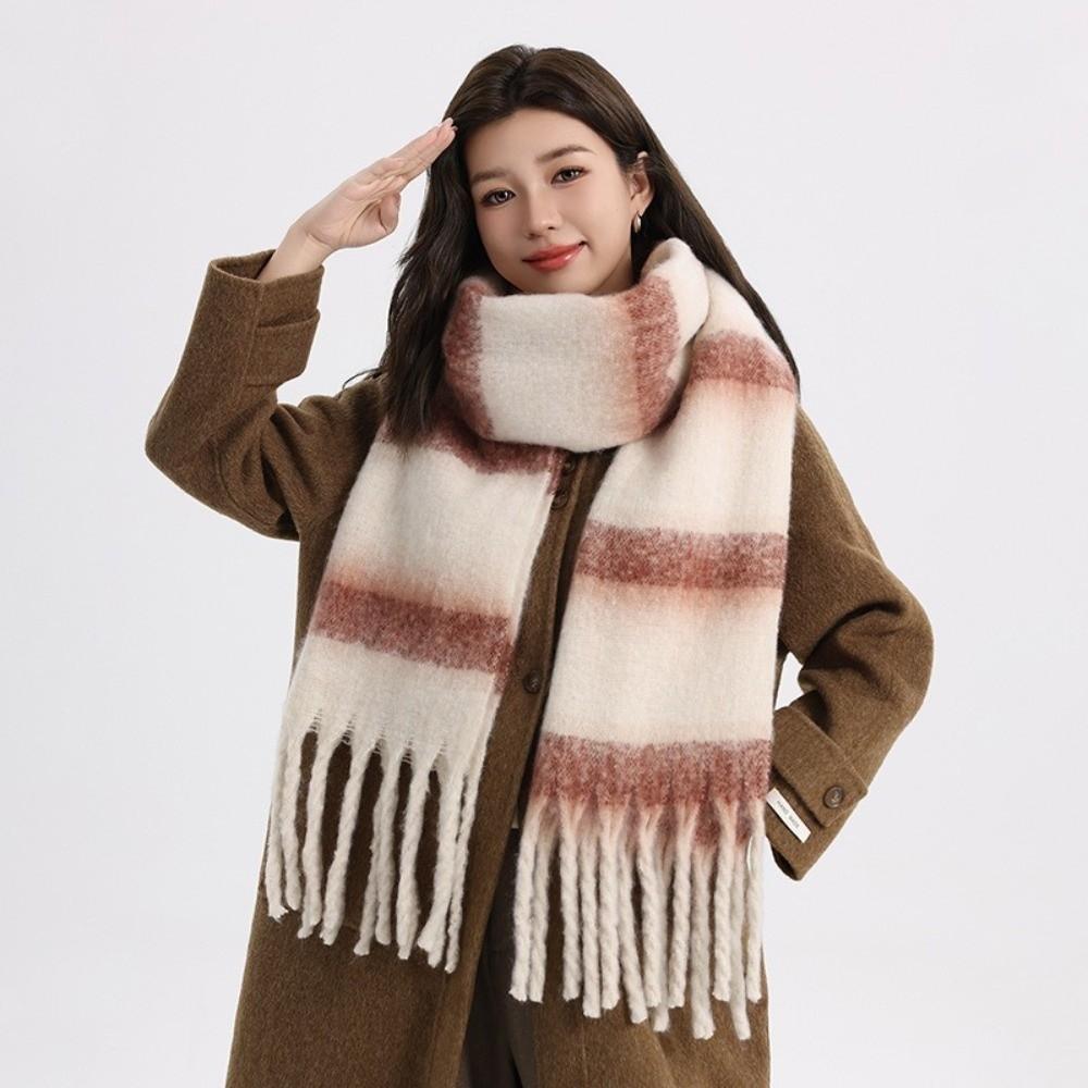Colorful Tassel Shawl Plush Women Cape Fashion Stripe Wool Scarf Autumn