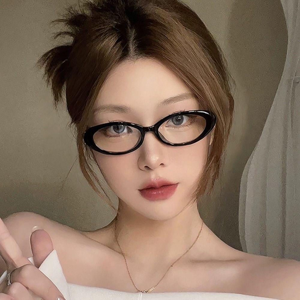 New Oval Frame Glasses Retro Outdoor Cat Eye Glasses Narrow Spectacles Plain Glasses Anti-Blue Light Eyewears