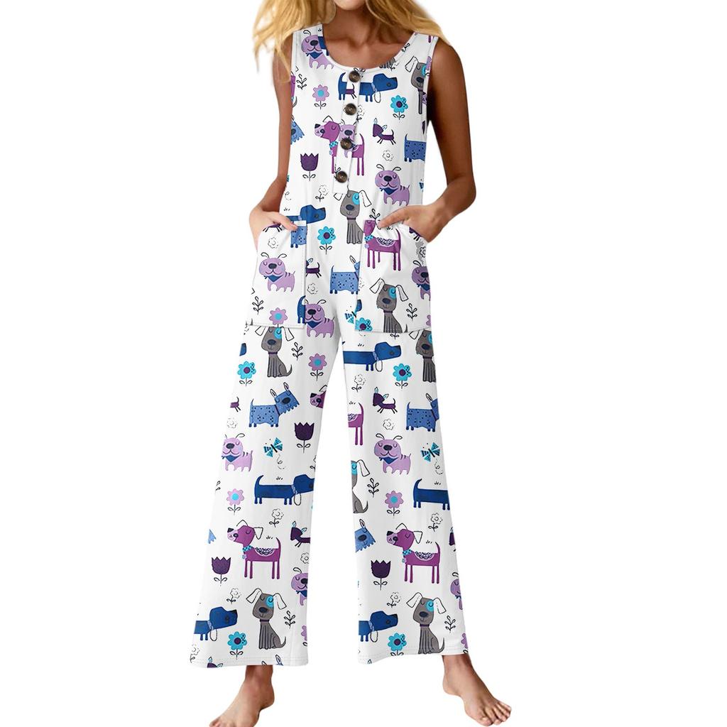 Women's Fashion Casual Button Sleeveless Jumpsuit Floral Flower Print Cotton Pocket Jumpsuit