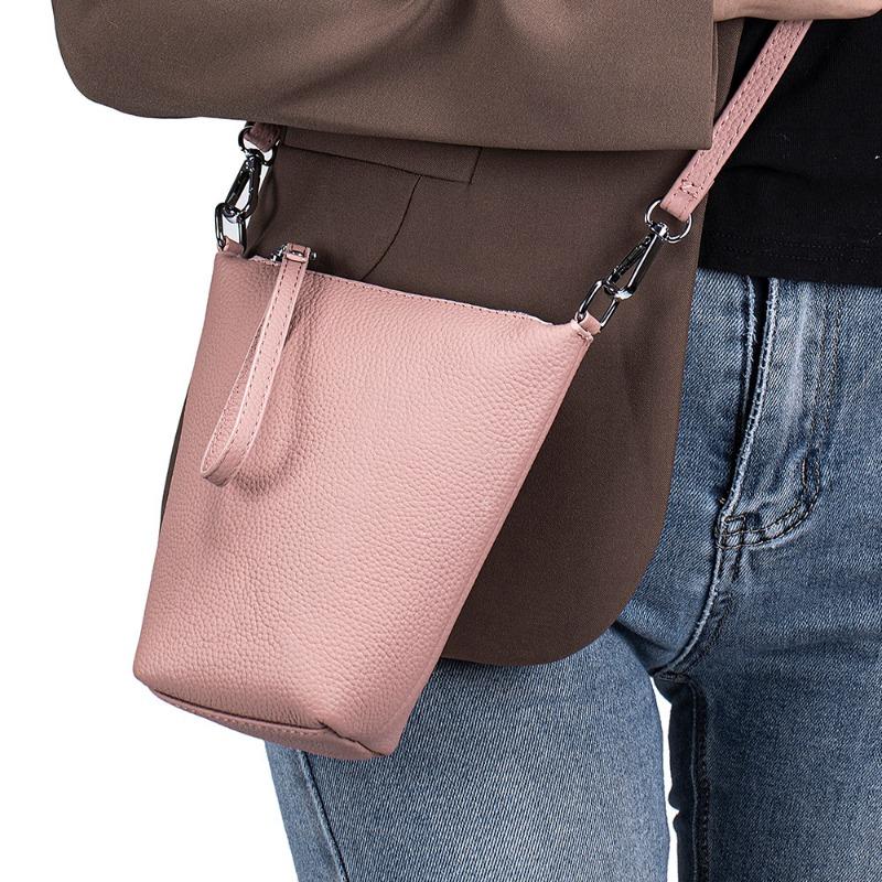 Leather Fashion Simple Single Shoulder Crossbody Bag Head Layer Cowhide Casual Mobile Phone Bag Female Mini Bucket Bag Texture Female Bag
