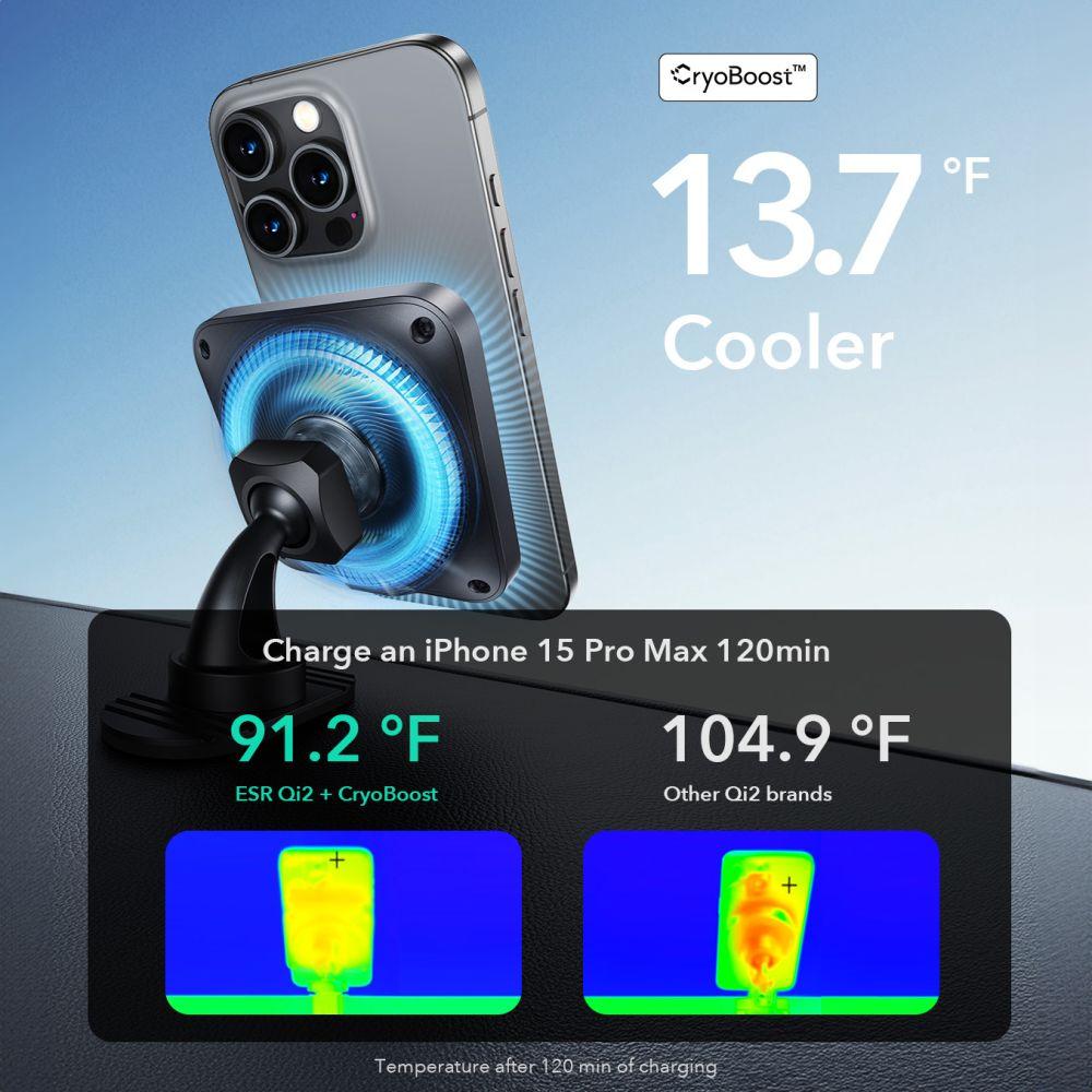 ESR Halolock Cryoboost Магнитный держатель для телефона Magsafe на приборную панель и вентиляционное отверстие автомобиля Беспроводное зарядное устройство Qi2 15 Вт Матовый оникс