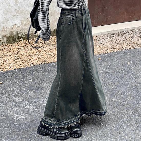 Women Skirt A-line Big Swing Denim Retro Pockets Patchwork Solid Color High Waist Button Zipper Closure Ankle Length Ripped Edge Lady Maxi Skirt