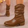 Mid-leg Fashion Boots Women's Plus Size Thick Heel Pleated Slippers V-mouth Western Knight Boots