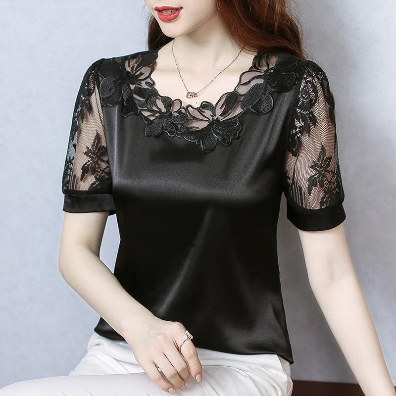 Lace Top Short-sleeved Women's Summer Satin New Versatile Silk Base Shirt Mulberry Silk Loose Shirt