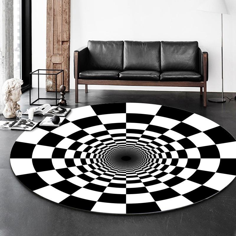 Disney Black White Plaid 3D Visual Carpet Circular Vortex Living Room Coffee Table Sofa Floor Mat Bedroom Home Decor Rug