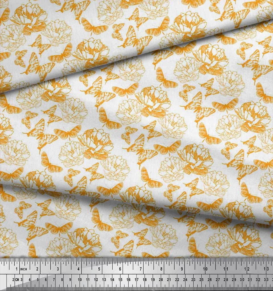 Soimoi Poly Crepe Fabric Butterfly & Peony Floral Printed Craft Fabric by the metre 42 Inch