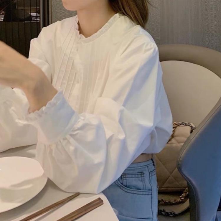 Удобная и универсальная рубашка с воротником-стойкой, кружевным плиссированным узором, белая рубашка с рукавами-фонариками, женская рубашка, темперамент, элегантный модный топ