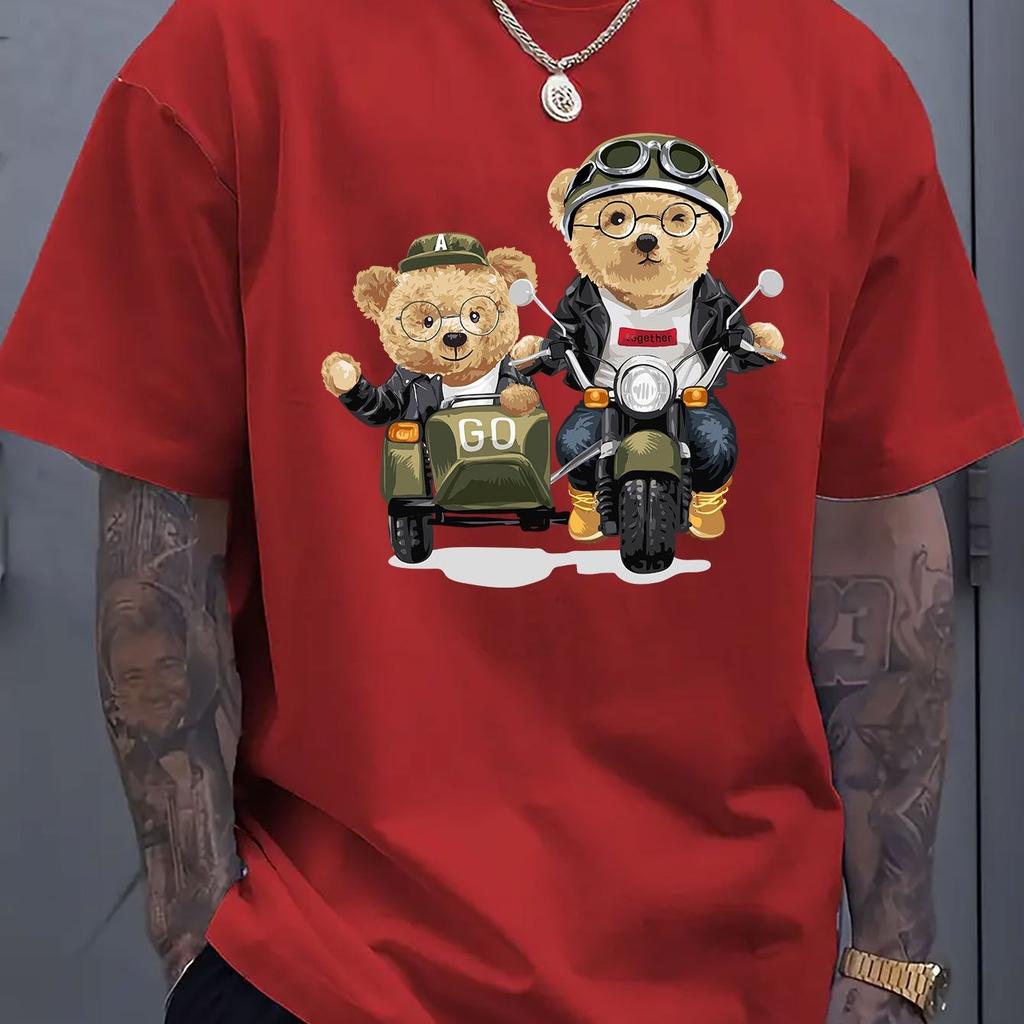 Летние мужские футболки из 100% хлопка, модные, повседневные, спортивные, свободного кроя, с принтом мультяшного медведя, с круглым вырезом и короткими рукавами