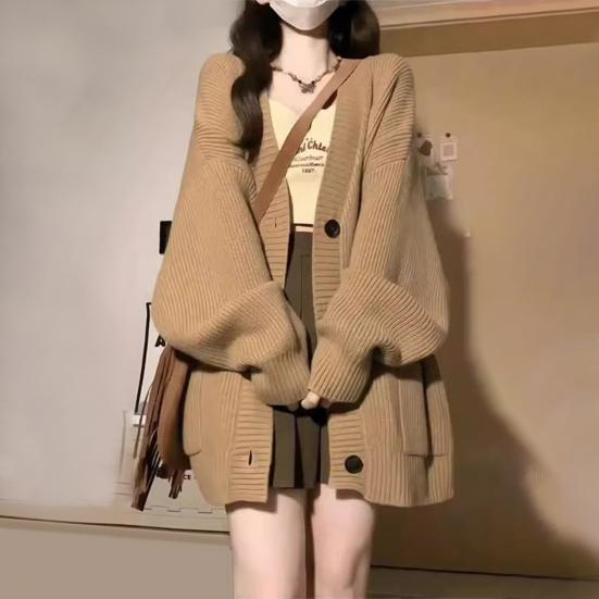 Women Sweater Coat V-Neck Long Sleeve Solid Color Knitting Coat with Large Pockets Mid-Length Loose Fit Sweater Cardigan