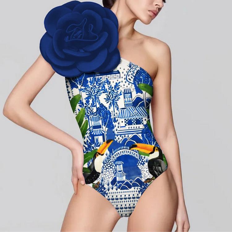 2024 New Sexy 3D Flower One Shoulder Swimsuit and Skirt Women Bikini Set Printed Ruffle Bikinis Swimwear Brazilian Biquini Bathing Suit Summer