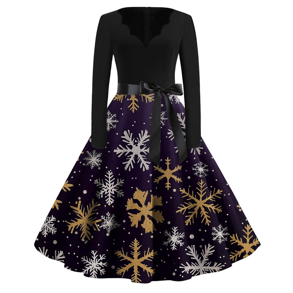 Женские модные повседневные тонкие рождественские платья с длинным рукавом с v-образным вырезом и принтом