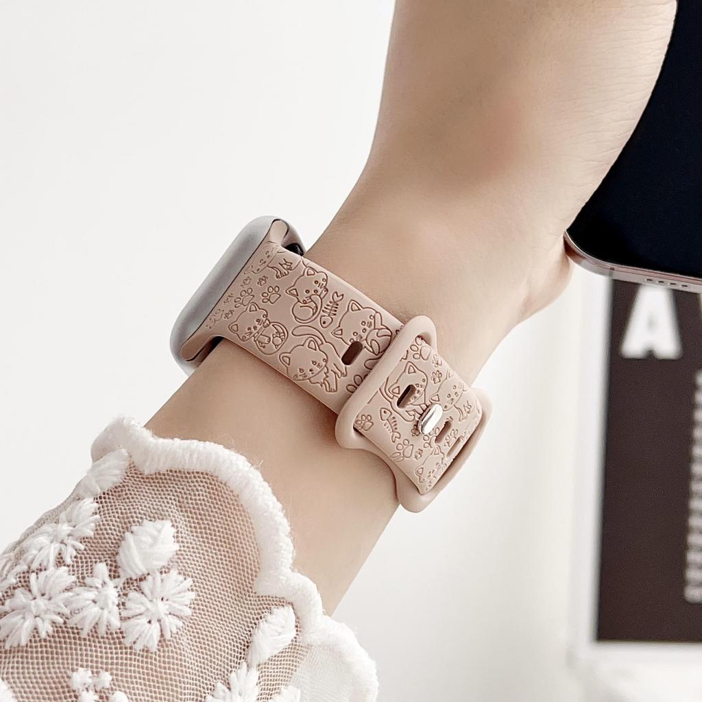 Подходит для яблока, милого кота, собаки, дыни, резьбы, силиконовый ремешок для часов Apple Watch8/SE/7/65