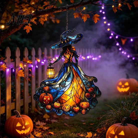 Handcrafted Witch Style Suncatcher Acrylic Suncatcher, Stained Glass Effect Window Car Hanging Ornament, Gothic Scary for Windows with Pumpkin Lantern