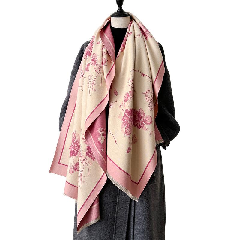 Korean Version Of Butterfly Love Flower Imitation Cashmere Thickened Winter Warm Scarf Fashion Shawl Double-Sided Printed Scarf