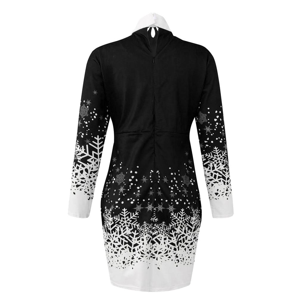 Women's Christmas Party Fashion Cut-out Crewneck Print Long-sleeved Dress