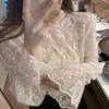 Women's Autumn/Winter Flare Sleeve Lace Shirt with Embroidered Mesh and Semi-High Neck