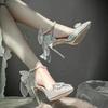 Silver High Heels Women's New Bow Crystal Shoes Wedding Shoes Thin Heels Pointed Fairy Style Lady High Sense