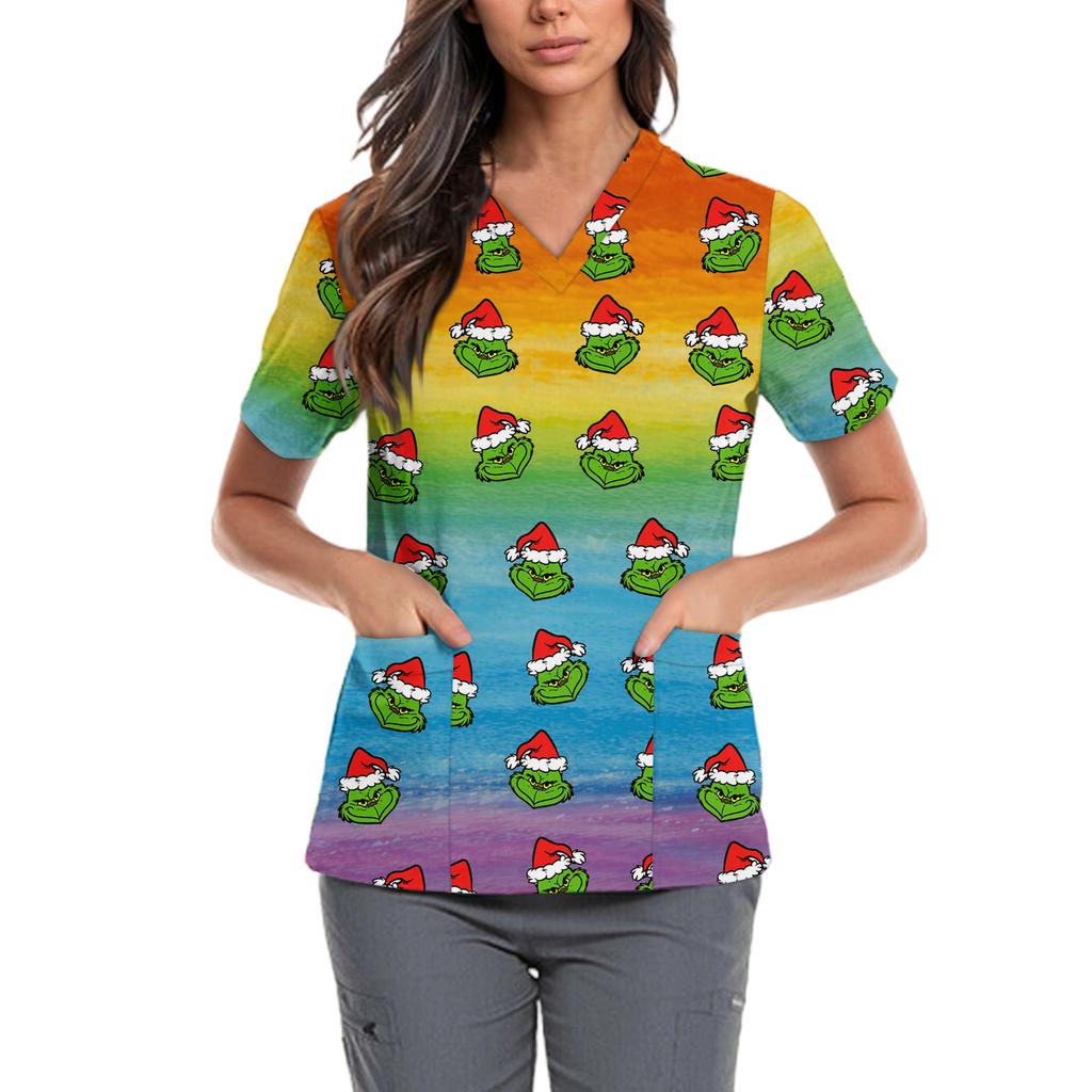 Женская милая блузка с принтом бантиков, рабочая одежда, V-образный вырез, двойной слой, карманы, базовая, с коротким рукавом, пуловер